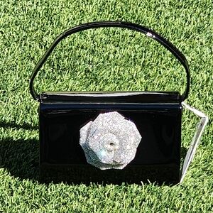 Urban Expressions Patty Evening Black Leather Vegan Handbag Silver Rose Accent